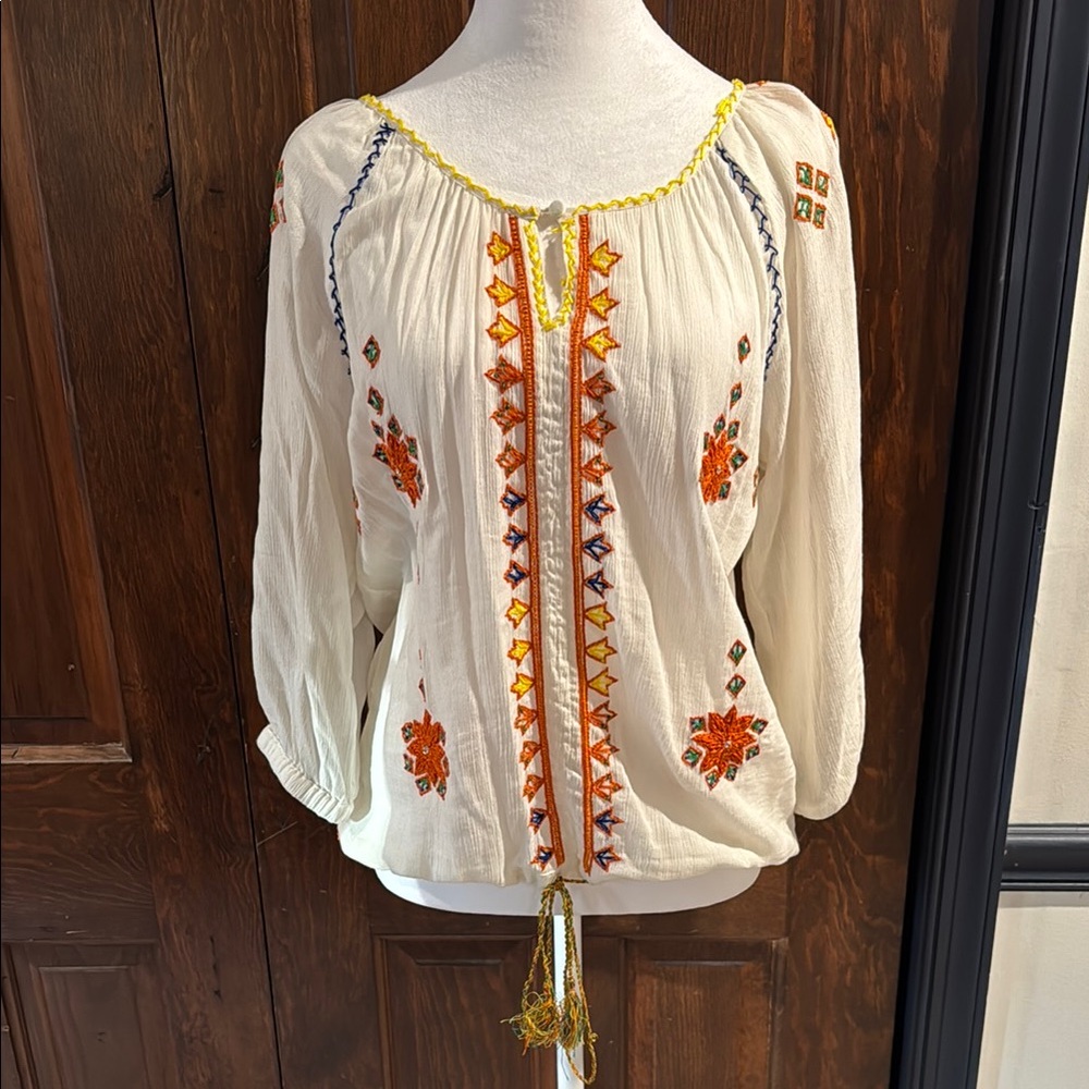 Anthropologie Greylin Cream and Orange Blouse with Vibrant Details